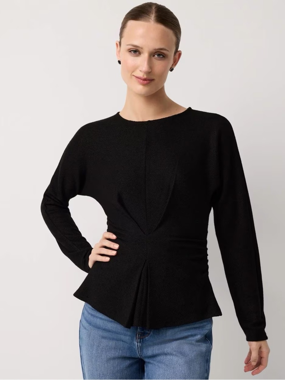 White House Black Market Black Ruched Peplum Long Sleeve Top